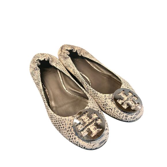 Tory Burch Women’s Leather Chelsea Snakeskin Slip-On Ballet‎ Flats Gray 8.5 - Picture 1 of 10